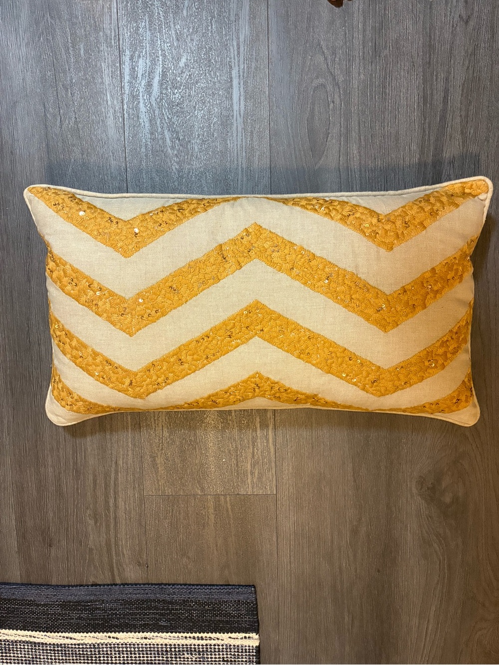 Anthropologie Mustard Chevron Embroidered Lumbar Pillow with Sequin Detail
